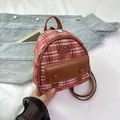Mini backpack in red checkered fabric with brown faux leather trim and fashion logo - Red