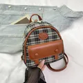 Retro grey-brown checkered mini backpack with brown leather trim and Fashion logo - Black