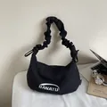 Minimalist black square shoulder bag with ruched handle and BANATU logo print - No Pendant / Black