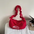 Red canvas hobo bag with wide gathered shoulder strap and white logo print - No Pendant / Burgundy