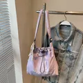 Light purple embroidered nylon drawstring tote bag with crossbody strap for women - With Charm / Purple