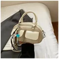 Cream white retro bowling bag with front pockets and trendy decorative charms - White with Pendant