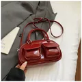 Deep red vintage faux leather baguette bag with dual front pockets and top handle - Red (No Pendant)