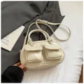 Minimalist beige bowling bag with front pockets and adjustable shoulder strap - White Without Pendant