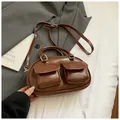 Brown retro baguette bowling bag with twin front pockets and adjustable shoulder strap - Brown No Pendant