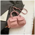 Pink PU leather Boston bag with dual front pockets and adjustable strap for women - Pink Without Pendant