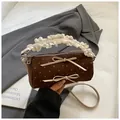 Polka dot cylinder crossbody bag in dark brown suede with cream lace and cute bows - Large / Brown