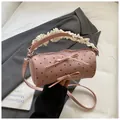 Pink polka dot cylinder crossbody bag with cute bows and delicate lace handle detail - Large / Pink