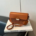 Chic woven brown square crossbody bag with leather strap and silver metal buckle - Brown