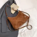 Brown suede hobo bag with white diamond stitching and versatile double straps - Brown