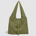 Olive green pleated shoulder tote bag with large front pocket and silver buckle detail - Dark Green