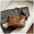 Minimalist large brown faux leather tote bag with vintage texture and long shoulder straps - No Pendant / Brown