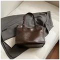 Minimalist large-capacity dark brown tote bag in oily faux leather with silver buckle strap - No Pendant / Brown