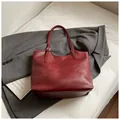 Minimalist large burgundy tote bag in faux leather finish with adjustable handle straps - No Pendant / Red