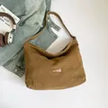 Vintage brown canvas tote bag with leather tag, large capacity shoulder bag for women - Brown