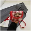 Cute red plaid mini shoulder bag with 3D cartoon character and adjustable strap - Red Plaid