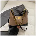 Brown suede hobo bag with classic diamond quilting and gold-tone chain strap - Khaki