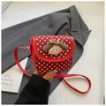 Red polka dot crossbody bag featuring a cute plush cartoon puppy and a plaid bow - Red Polka Dot
