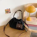 Black casual large capacity tote bag with brown woven handle and mini purse detail - Small / Black