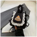 Polka dot mini backpack with cute dog embroidery and white lace trim detail - Black Polka Dot Embroidery Style / Black