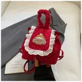 Red corduroy mini backpack with polka dots, bear patch, and delicate lace trim - Red Polka Dot Embroidery Style / Red