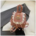 Pink corduroy mini backpack with lace trim and cute puppy embroidery detail - Pink Polka Dot Embroidery Style / Pink
