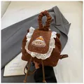 Brown corduroy mini backpack with lace trim and cute cartoon animal embroidery - Brown Polka Dot Embroidery Style / Brown