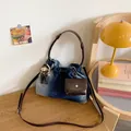 Large capacity gradient denim tote bag with brown woven handle and monkey charm - Small / Blue