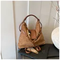 Brown suede hobo bag with vintage leather strap and wooden bead tassel ornament - With Charm / Brown