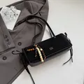 Black suede patchwork baguette bag with decorative colored beads and shoulder strap - With Pendant / Black