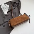 Brown suede shoulder bag with rectangular shape and side bow knot drawstring detail - No Pendant / Brown