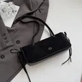 Black suede-leather large hobo bag with gold logo and drawstring side details - No Pendant / Black