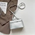 Silver lychee textured mini box bag with dual zippers and adjustable shoulder strap - Silver