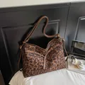 Retro leopard print tote bag with brown leather straps and metal buckle detailing - Leopard Print