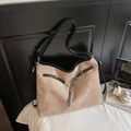 Large camel suede tote bag with black leather straps and gold buckle accents - Khaki
