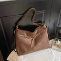 Large brown suede tote bag with adjustable shoulder strap and vintage metal buckle - Coffee
