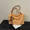 Chic khaki fleece tote bag with brown leather straps and cute bear charm pendant - Orange With Pendant