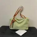 Light green faux fur tote bag with brown leather straps and a cute plush bear charm - Green with Charm