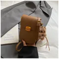 Vertical brown crossbody phone bag with magnetic flap and cute plush dog charm - Brown with Pendant