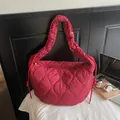 Rose red quilted tote bag with heart patterns and soft ruffled shoulder strap - Red