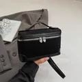 Retro black suede box handbag with heart zipper and detachable crossbody strap - Black