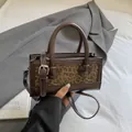 Chic dark brown square handbag with leopard print panel and adjustable crossbody strap - Leopard Brown