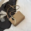 Khaki minimalist crossbody square bag with unique wave pleats and decorative charms - Khaki