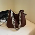 Bolso tote marrón oscuro de ante sintético con correa tejida a rayas de moda - Café