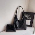 Bolso hobo vintage de cuero encerado negro con estuche a juego y correa ancha de hombro - Juego de 2 piezas (bolso tote + neceser interior) / Negro