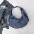 Deep blue washed denim hobo shoulder bag with vintage texture and large capacity - Blue