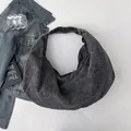 Dark charcoal grey large denim tote bag with wide strap for casual daily commuting - Black