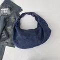 Dark blue denim large capacity tote bag with minimalist half-moon silhouette - Dark Blue