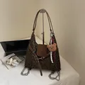 Leopard print canvas tote bag with brown leather details and cute bear charm - Green with Charm
