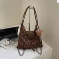Large leopard print tote bag with brown leather trim and a cute plush bear charm - Brown with Pendant